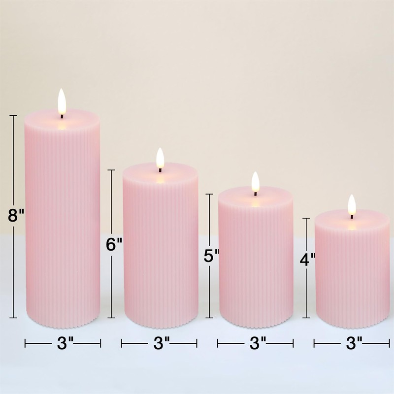 Girimax Pink Ribbed Flameless Pillar Candles with Remote, Flat Top