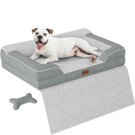 CWAWZ Dog Beds for Large Dogs, Orthopedic Dog Bed with Cooling Gel Memory Foam, Waterproof Large Dog Bed with Removable Washable Cover, 36"Dog Sofa Couch Dutch Velvet with Blanket Bone Toy, Light Gray