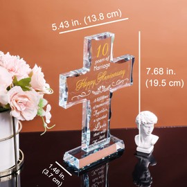 YWHL Happy 10 Year Anniversary Glass Cross Gifts for Wife, 10th Anniversary Cross Gifts, 10 Year Wedding Anniversary Religious Gifts for Couple, Glass Cross Keepsake for 10th Anniversary Decorations