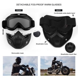 Motorcycle Helmet Riding Goggles Glasses with Removable Face Mask,Detachable Fog-Proof Warm Goggles Mouth Filter Adjustable Non-Slip Strap Vintage Bullet Fight Motocross (Black)