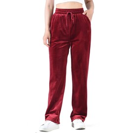 Zoulee Women's Petite Velour Sweatpants High Waist Straight Pants Drawstring Active Pants with Pockets Red S