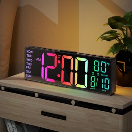 JALL 10.5'' Large Digital Alarm Clock with 8 RGB Colors, Date, Month, Temperature LED, Auto DST, Digital Clock Large Display for Classroom, Office, Bedroom, Back-to-School Gift for Students, Teachers