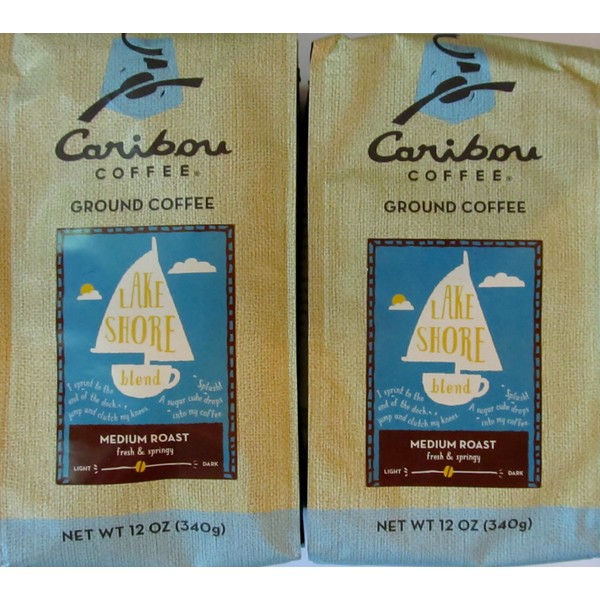 Caribou Coffee Lake Shore Blend Medium Roast Ground Coffee, Two 12 oz Packages, Total 24 oz