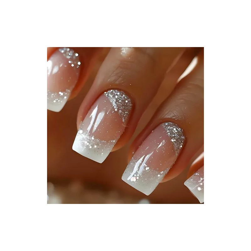 Tips Press On Uñas Francesas Purpurina Con Pegamento,24 Pcs