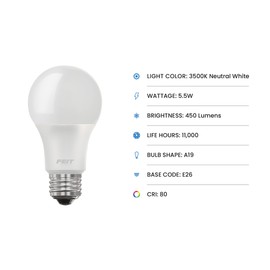 Feit Electric A19 LED Light Bulb, 40-Watt Equivalent, 3500K Neutral White, E26 Base, 450 Lumens, 11,000-Hour Lifespan, General-purpose Residential or Commercial Applications, A450/835/10KLED/4, 4-Pack