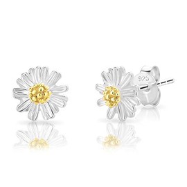 Small Flower Stud Earrings - 925 Sterling Silver Studs Earrings - Daisy Flower Earrings with Gold Plated Elements - Silver Stud Earrings for Women - Diameter: 8 mm