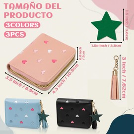 GTILE 3 Pcs PU Leather Women Small Wallet with Zipper, Cute Slim Coin Purse with Star Pendant, Solid Color Wallet with Card Slots, Multicolor, Cute