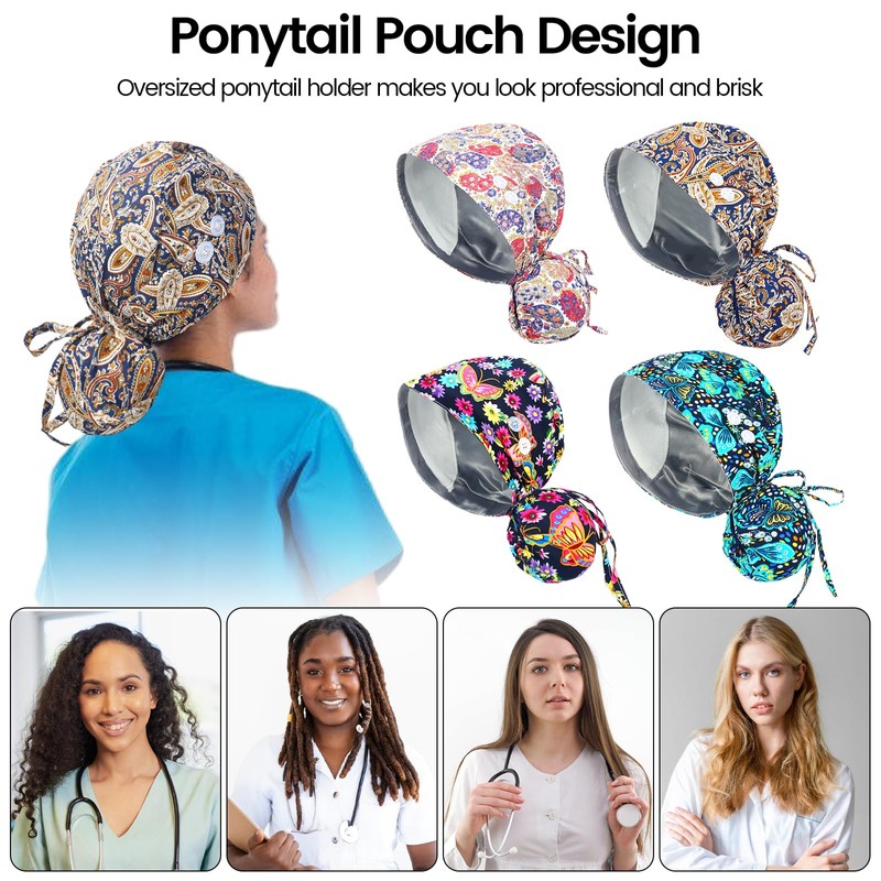 JoyRing - 4 gorras quirúrgicas de satén para mujer, gorro