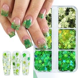 6Grids St. Patrick's Day Nail Glitters Sequins Lucky Shamrock Nail Art Glitters Four Leaf Clover Nail Stickers Confetti Flakes Holographic Green Leaf Nail Sequins for Makeup Nail Supplies Decoration