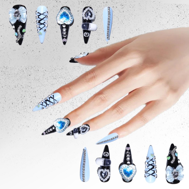 TRENTSNOOK 10 Pcs Handmade Mine Nail Tips Reusable Blue and