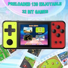 KAVOYI 32 Bit Handheld Games for Kids Built-in 139 Video Games,3.0" IPS Screen Rechargeable Portable Arcade Gaming Player,Electronic Toys for Boys Girls Birthday Xmas Gift Yellow-Red