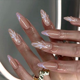 IQXGE French Tip Press on Nails Almond Medium Dark Nude Full Cover False Fake Nails Press ons Pearls Stick Glue on Nail Shiny Purple French Acrylic Fake Nail with 3D Gel 24Pcs Reusable for Women