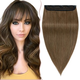 16" Real Hair Clip in Human Hair Extensions One Piece Thick 100% Remy 3/4 Full Head Hair Pieces for Women 5 Clips Straight Natural (80g,#6 Light Brown)