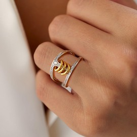 Eioi & Lmnm Gold Rings for Women Non Tarnish, 18K Gold Plated Two-Toned Interlocked Stacking Ring, Sparkling Cubic Zirconia Silver Ring with Golden Small Rings, Trendy Jewelry Gift for Her (A, 6)