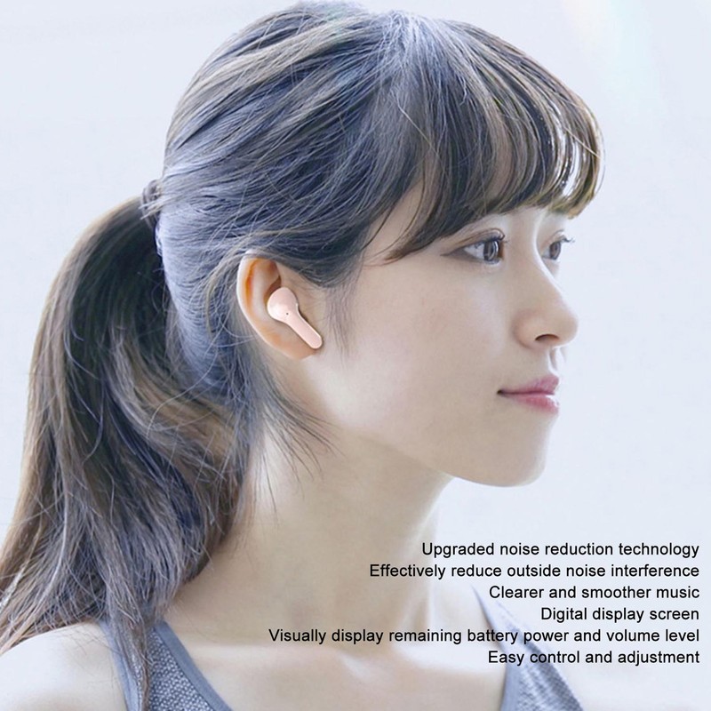 Wireless Bluetooth Earphones Noise Reduction Headphone Digital Display Rechargeable Pink