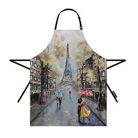 Moslion Paris Apron 31x27 Inch Oil Painting Autumn Lovers Kiss on Rainy France Street Eiffel Tower Kitchen Chef Waitress Cook Aprons Bib with Adjustable Neck for Women Men Girls
