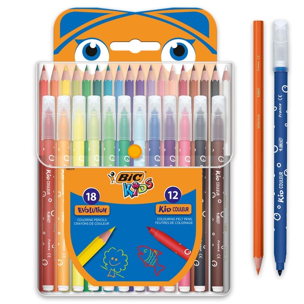 BIC Kids Colouring Set - Case of 30 Colouring Products - 18 Pencils and 12 Felt-Tip Colouring Pens in Convenient Plastic Case