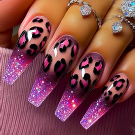 French Tip Leopard Press on Nails Medium Coffin Fake Nails Cute Glue on Nails Reusable Acrylic Nails Full Cover Artificial Nails Medium Length False Nails Glossy Stick on Nails for Women and Girls