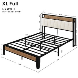 LIKIMIO Full XL Bed Frames, Storage Headboard with Charging Station, Solid and Stable, Noise Free, No Box Spring Needed, Easy Assembly, Wood and Cream