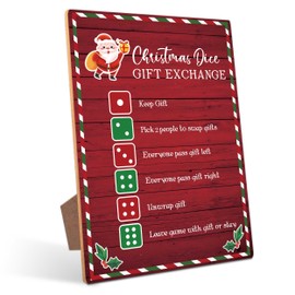 Christmas Gift Exchange Dice Game Sign - Christmas Party Games, Christmas Group Party Game, Holiday Party Decoration Supplies, 8×11 Wooden Play Sign with Stand