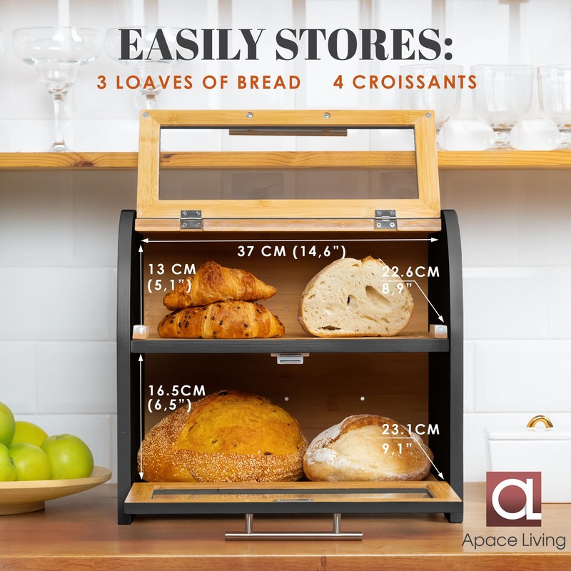 Arise Stylish Bamboo Bread Box for Kitchen Countertop, Extra Large