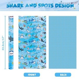 WERNNSAI Shark Reversible Wrapping Paper Roll - 1 Roll 17” x 33 ft Happy Birthday Wrapping Paper Roll Kids Blue Ocean Birthday Gift Wrap Roll Boys Wrapping Paper Polka Dot Design Summer Bday Party Favor