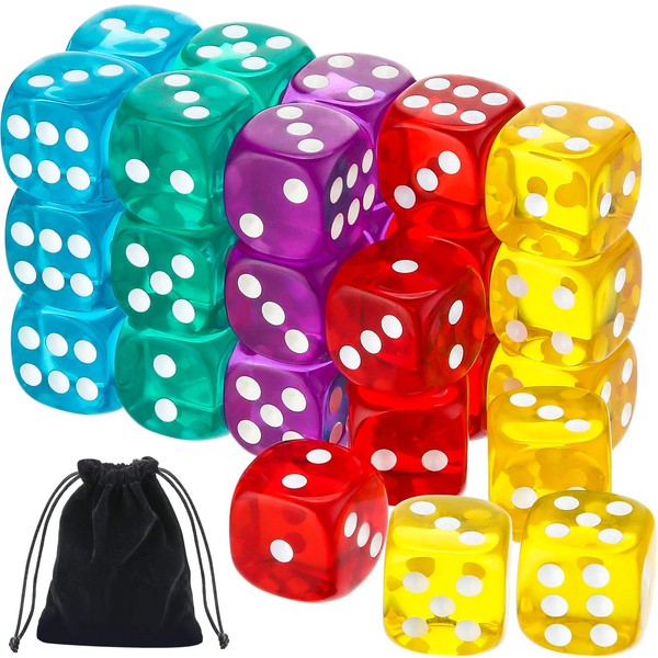 Game Dice Sets 30 Pieces 6-Sided Game Dice 14 mm Translucent Polyhedral Dice Set with Black Pouch for Table Games and Teaching, 5 Colors