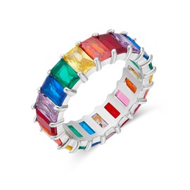 AFFY 18K White Gold Plated Emerald-Cut Multi Color AAA Created-Gemstone Eternity Ring Rainbow, Metal, Cubic Zirconia