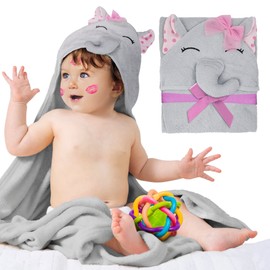 PUREVACY Hooded Baby Towels 33 x 33 with Elephant Face, Pink Baby Bath Towels Hooded with Ears, 100% Woven Terry Cotton Hooded Towels for Baby Girl and Boy, Soft Toddler Towels for Boy and Girl Kids