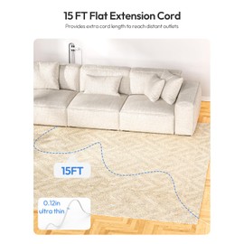 Flat Extension Cord 15 FT, Surge Protector Power Strip with 9 Widely Outlets and 3 USB (1 USB-C), Extension Cord with Multiple Outlets, 1080 Joule, Wall Mount, for Home Office, Dorm,White