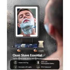 Widitn Lighted Shower Mirror Fogless for Shaving, Heated Fogless Shower Mirror with 3 Colors Stepless Dimmable Lights, Rechargeable Adjustable Shaving Mirror with Razor Stand, Brush Holder for Men