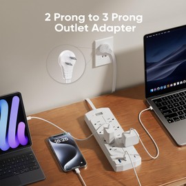 2 Prong Power Strip, Yozisital 2 Prong to 3 Prong Outlet Adapter, 5FT Extension Cord with Polarized Plug, 1200J Surge Protector, 8 AC Outlets & 4 USB, Wall Mountable, Ideal for Non-Grounded Outlets