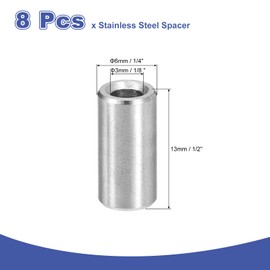 uxcell 8Pcs 304 Stainless Steel Spacer 1/4" OD x 1/8" ID x 1/2" Length(6x3x13mm) Screw Standoff Bushing Plain Finish Unthreaded Round Metal Spacer for M3 Screws Bolts and Rods, Silver