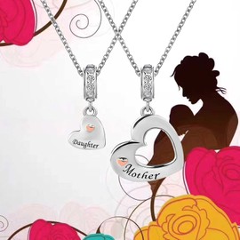KunBead 18 inch Mother Daughter Mothers Day Gifts Matching Rose Gold Tone Heart Love Mama Charm Pendant Necklace set for 2