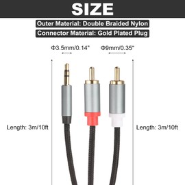 DMiotech 3.5mm to RCA Cable, 10ft 2 RCA Male to Aux Audio Adapter RCA Y Splitter for Smartphones, Speakers, HDTV, Tablets, Home Theater