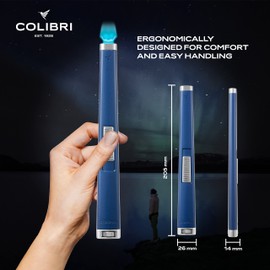 Colibri Aura 10mm Flat Flame Lighter - Elegant and Windproof with Refillable Butane, Ideal for Cigars & Candles, with Single-Action Ignition (Matte Blue & Chrome)