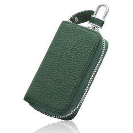Key Case, Smart Key Case, 5 Layers, Genuine Leather, Cute, Dull Color, Grain Leather, Zipper, Smart Key Cover, Men's, Includes Carabiner, Toyota, Honda, Nissan, green (dark green)