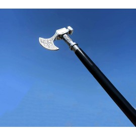 PIRU Walking Cane for Men Solid Pewter Bavarian Axe Handle Chrome Hardwood Cane Walking Stick Warrior Gift