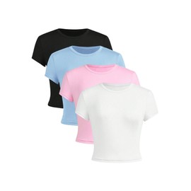 SOLY HUX Girl's Short Sleeve Shirts 4 Packs Basic T-Shirts Tight Fitted Summer Tee Crop Tops White Pink Blue Black 14 Years