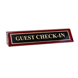 Piano Finished Rosewood Standard Engraved Desk Name Plate 'Guest Check-In', 2" x 8", Black/Gold Plate