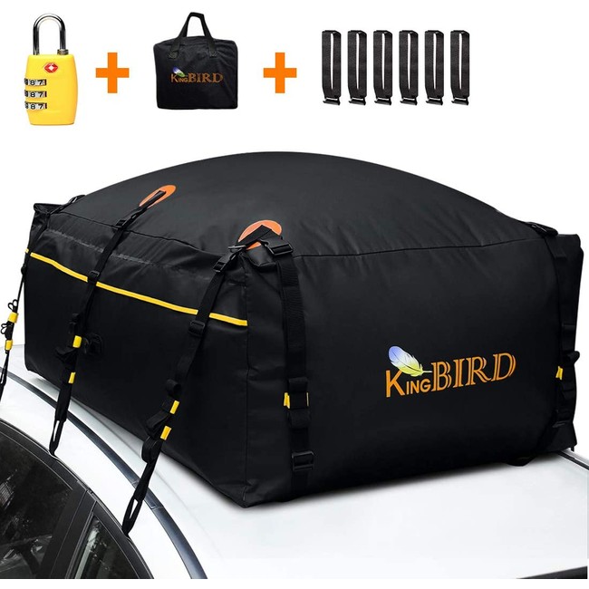 KING BIRD Rooftop Cargo Carrier Bag, 15 Cubic Feet 100% Waterproof Car Top Carrier with Built-in Non-Slip Bottom + 6 Door Hooks + Luggage Lock Fits All Vehicles with or Without Roof Rack