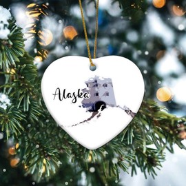 Alaska Christmas Tree Ornament USA America Map Outline Flag Heart Porcelain Pendant Ceramic Porcelain Unique United State Flag Education Souvenir for Indoor Home Decor