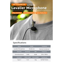 Generic Type C Lavalier Mic Microphone for Insta360 X4,High Fidelity Recording Lavalier Clip Omnidirectional Microphone for Insta360 X4 Sports Camera Accessories, MC490-X4