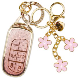 Yekoubo Pink TPU Key Fob Cover with Plum Blossom Keychain Compatible with Jeep Compass Cherokee Renegade Chrysler 200 300,Dodge Charger Challenger Journey Fiat 500X 5-Button Smart Key for Women