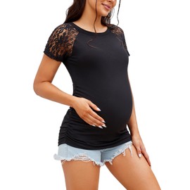 Womens Maternity Shirts Lace Short Sleeve Round Neck Side Ruched Pregnancy Tops Summer Maternity Clothes Black M
