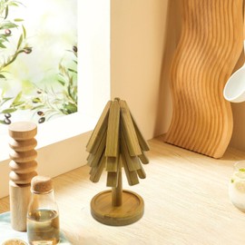 Wooden Cup Coaster Set, Tree Shape Creative Folding Heat Insulation Pad, Hot Pads with Stand for Countertops, Foldable Mat for Pot Bowl