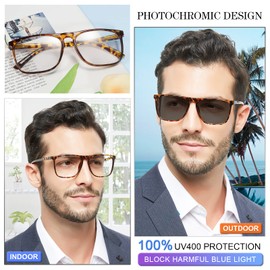 MARE AZZURO Photochromic Reading Glasses Men Blue Light Blocking Oversized Square Readers 100 150 200 250 300 350 400 (Tortoise, 4.0)