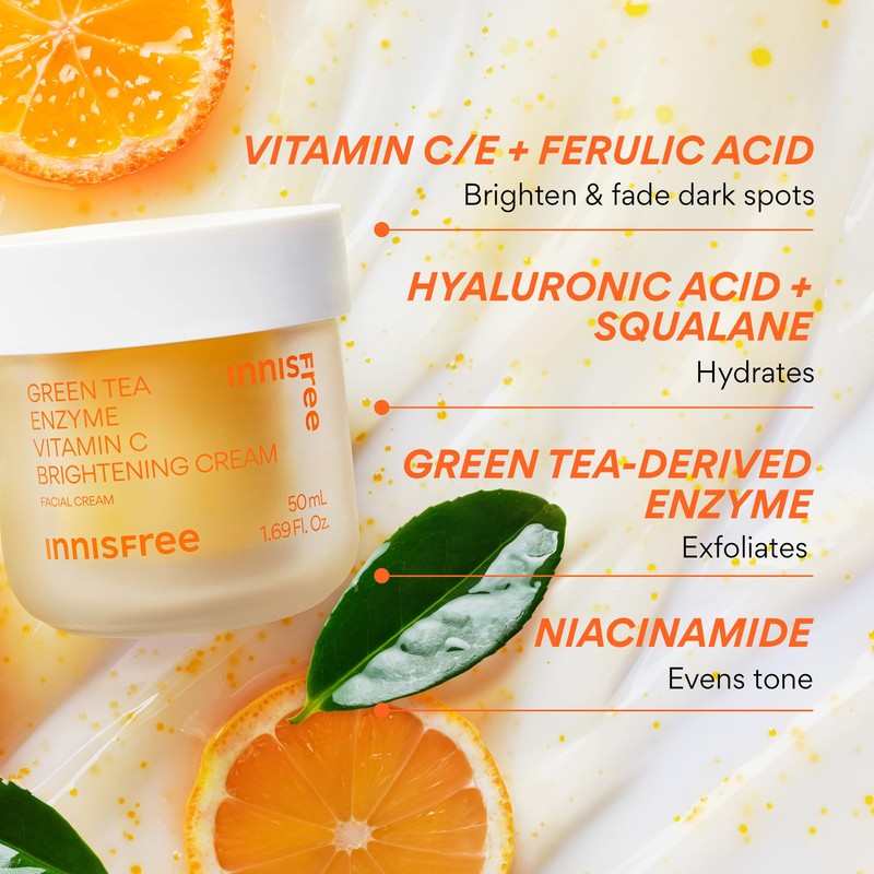 innisfree Green Tea Enzyme Vitamin C Brightening Cream, Korean Face