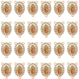 30 Pieces Religious Rosary Connector Charms, 3-Hole Oval Crystal Rhinestone Border, 0.87 x 0.61 inch, Various Styles (Saint Michael / Sacred Heart / Virgin Mary / Guadalupe / etc.) (Our Lady of Guadalupe)