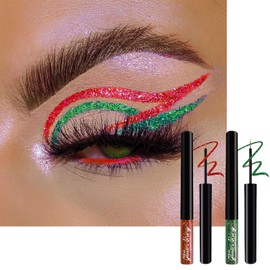 Green & Red Glitter Liquid Eyeshadow Set, Shimmering Liquid Eye Shadows, Golden Red Green Glitter Eyeliners, Waterproof Smudge-proof Long Lasting Easy to Apply Shiny Liquid Eyeshadow for Christmas New
